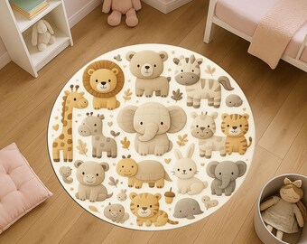 Safari Animal Round Rug, Cute Jungle Animals Carpet, Kids Playroom Mat, Baby Nursery Decor, Soft Circle Floor Rug for Children
