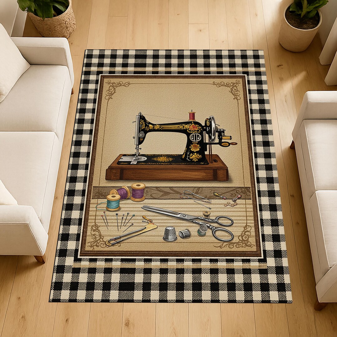 Sewing Machine Rug Pattern Vintage Sewing Machine Rug, Checkered Border, Handmade Maker Decor - Etsy