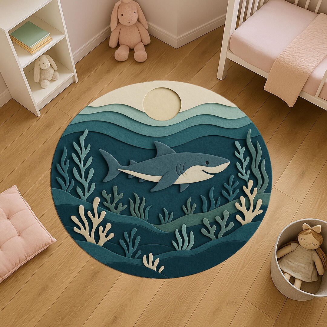 Shark Round Rug, Ocean Kids Room Carpet, Underwater Sea Life Rug ...
