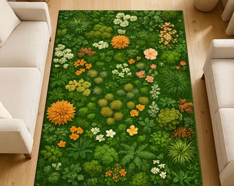 Botanical Floral Rug, Lush Garden Rug, Colorful Flower Rug, Green Nature Rug, Vibrant Plant Rug, Exotic Botanical Rug