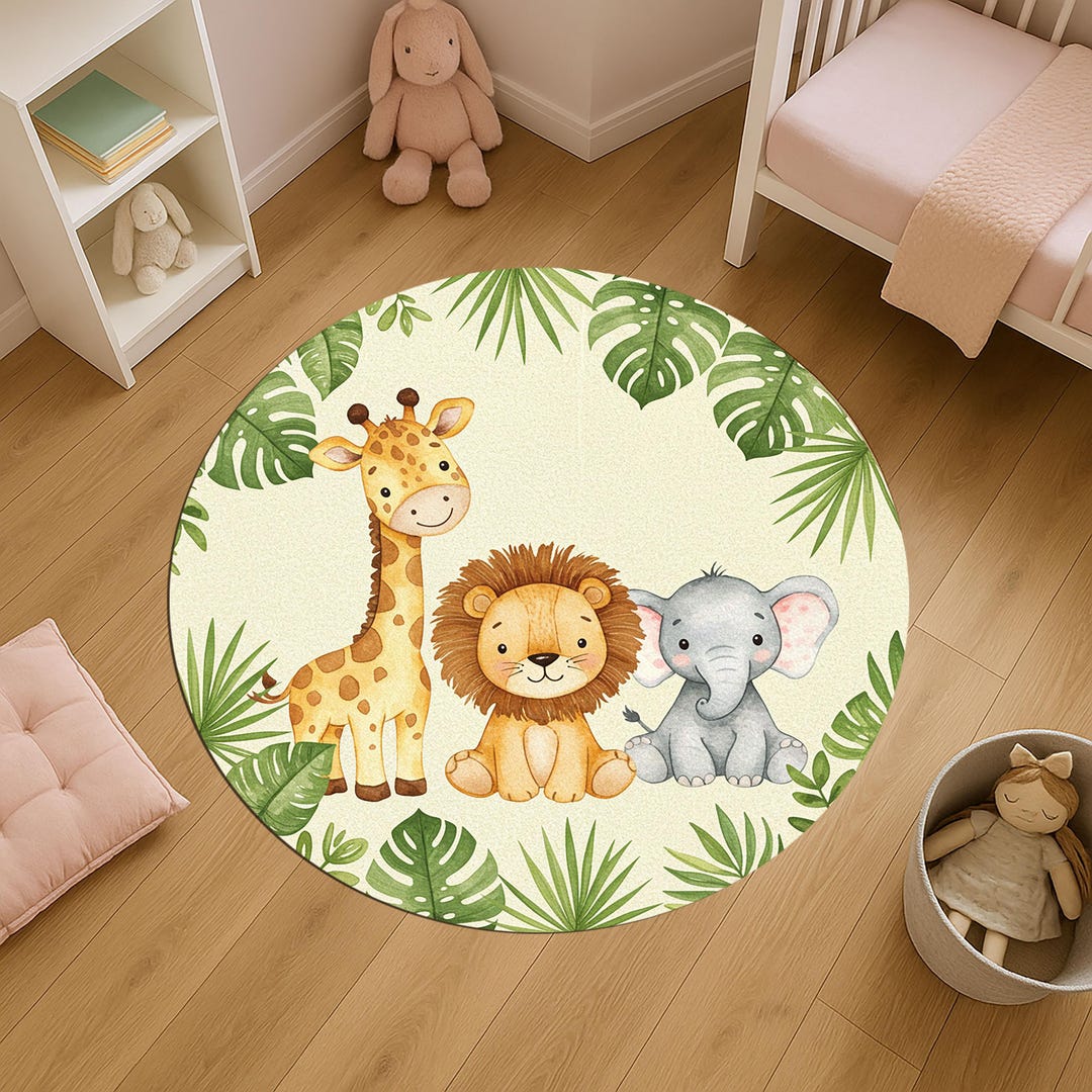 Round Animal Rug Safari Animal Round Rug, Jungle Lion Round Rug, Kids Elephant Round Rug ...