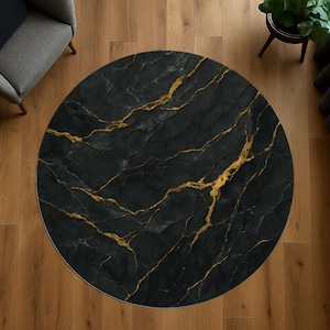 Tapis de luxe en marbre noir, tapis rond veiné d&#39;or, tapis moderne en pierre abstraite, tapis de salon élégant, tapis rond contemporain