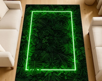 May include: A rectangular area rug featuring a vibrant green neon border. The rug's design showcases a dense pattern of tropical leaves in varying shades of green, creating a lush, natural aesthetic. The rug is placed on a light-colored wooden floor.