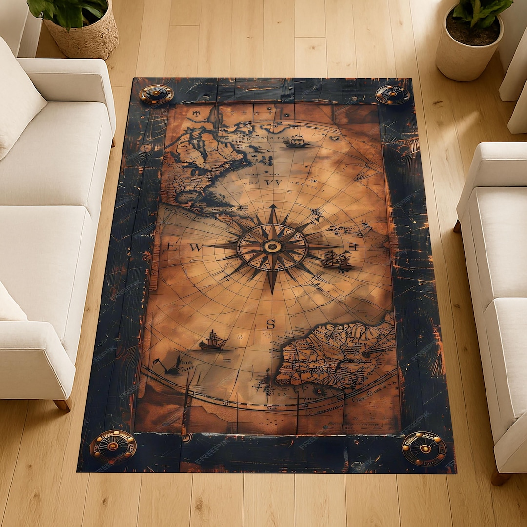 Vintage Nautical Rug, Antique Compass Rug, Old World Map Rug, Pirate ...