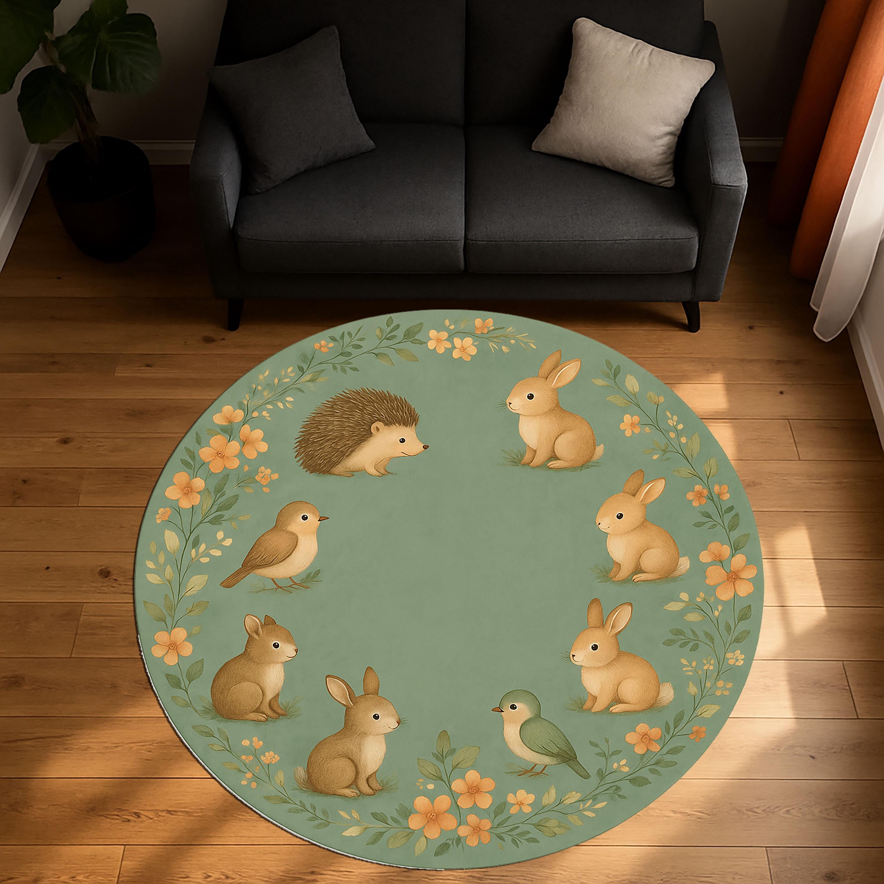 Hedgehog Rug Woodland Nursery Round Rug, Bunny, Hedgehog, Bird Print - Etsy
