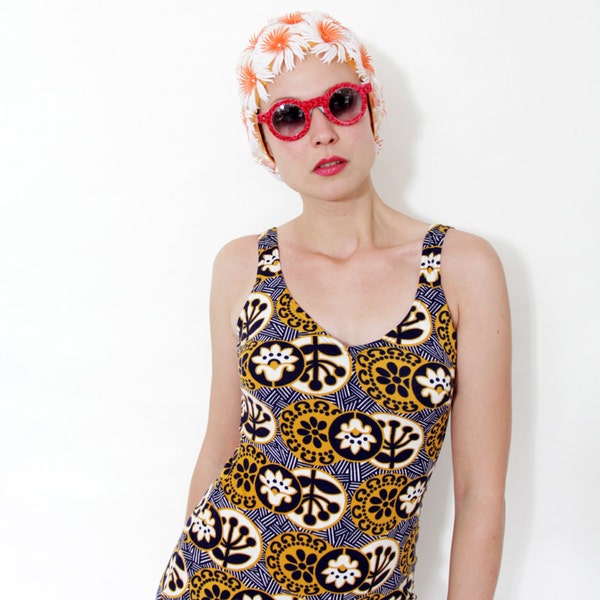 r e s e r v e d for Julia Vintage swimsuit / 60s 70s bold graphic floral print one piece bathing suit / size L