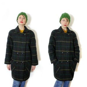 Vintage jacket / 1980s gray checked wool pea coat / size L image 1