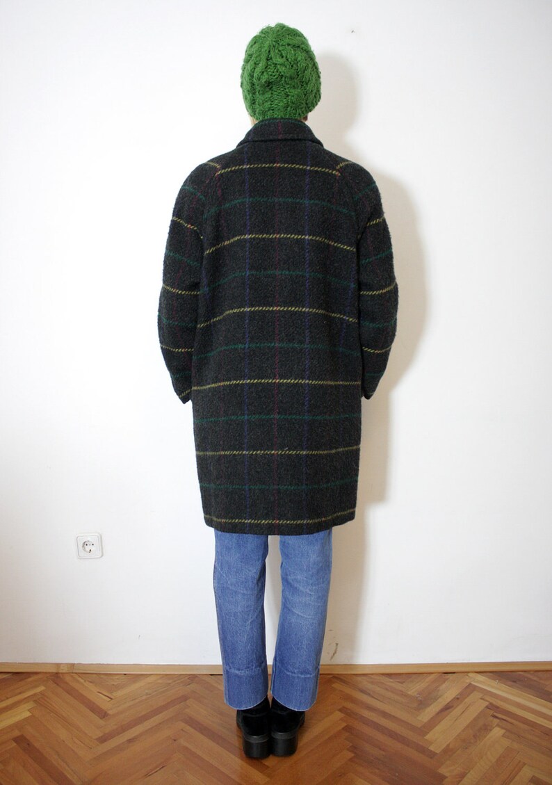 Vintage jacket / 1980s gray checked wool pea coat / size L image 5