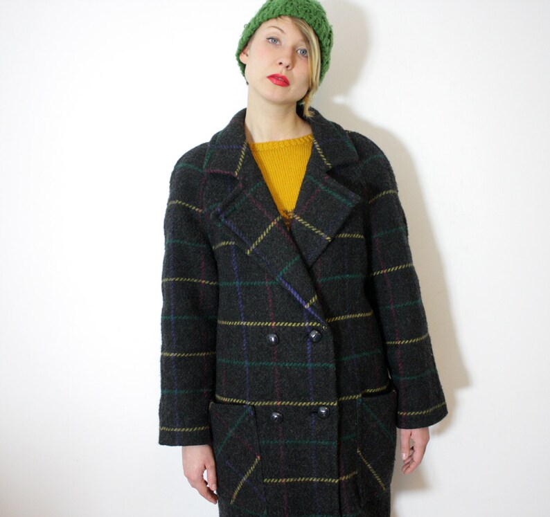 Vintage jacket / 1980s gray checked wool pea coat / size L image 2