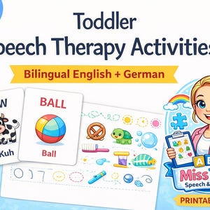 Pode incluir: Imagem educativa para atividades de terapia da fala para crianças pequenas. A imagem inclui cartões flash com ilustrações e texto em inglês e alemão. Apresenta também uma caricatura de uma mulher segurando uma prancheta e livros.