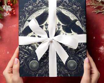 Gothic Crow Christmas Gift Wrapping Paper, Dark Festive Raven