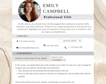 Puede incluir: Una plantilla de currículum vitae con el nombre "EMILY CAMPBELL" y el título "Profesional Title". El currículum incluye secciones para información de contacto, experiencia y un breve resumen. La plantilla tiene un diseño limpio y moderno.
