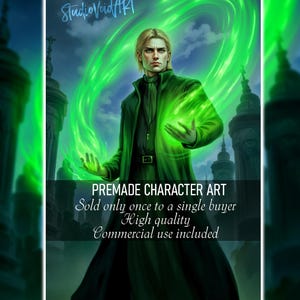 Descarga de arte de personaje de fantasía para ilustración de libros, cartas TCG, pósteres, juegos de rol, diseño de anime o cómics, hombre con magia verde, descarga digital