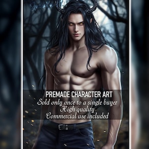 Fantasy art digital character portrait of dark horned male demon, premade gothic artwork print, one of a kind illustration for book or decor