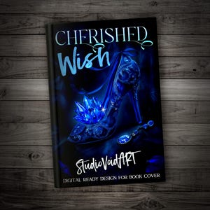 Okładka książki fantasy – gotowy but Kopciuszka z niebieskimi kryształami, magiczny królewski projekt dla romantyzmu, e-book KDP, cyfrowa sztuka bajkowa