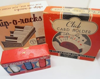Set da poker vintage in bachelite: porta carte, portafiches, 75 fiches da poker