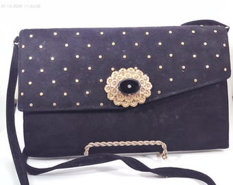 Vintage Made in Italy, 1960's Era, Black Suede Purse/ Clutch, Gold Dots with Vintage Brooch Accent.