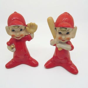 Vintage Japan Salt and Pepper Shakers, Made in Japan, 1950&#39;S Era, Elves Maybe, Original Stoppers, Cute Faces, Baseball Memorabilia.