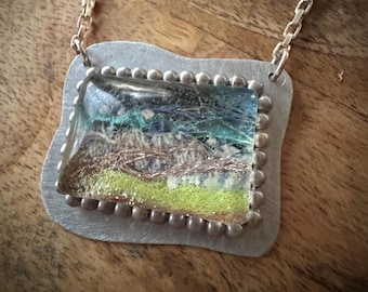 Fiber Art Pendant Necklace entitled "Riverside" (created using recycled fiber art scraps)