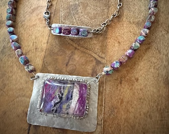 Fiber Art Pendant Necklace entitled "Night Walk" (created using recycled fiber art scraps)