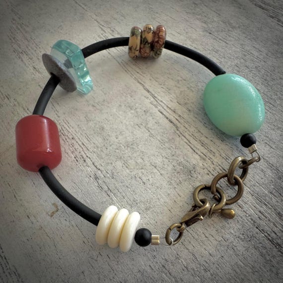 Unique Multi bead mix bracelet with rubber tubing