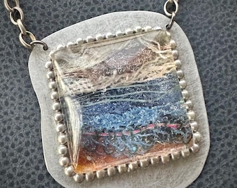 Fiber Art Pendant Necklace entitled "Ocean Front" (created using recycled fiber art scraps)