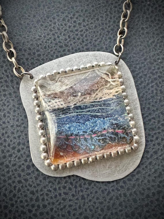 Fiber Art Pendant Necklace entitled "Ocean Front" (created using recycled fiber art scraps)