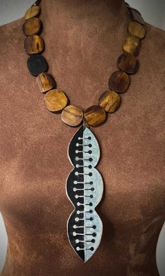Statement  Wood and Bone Art Pendant Necklace