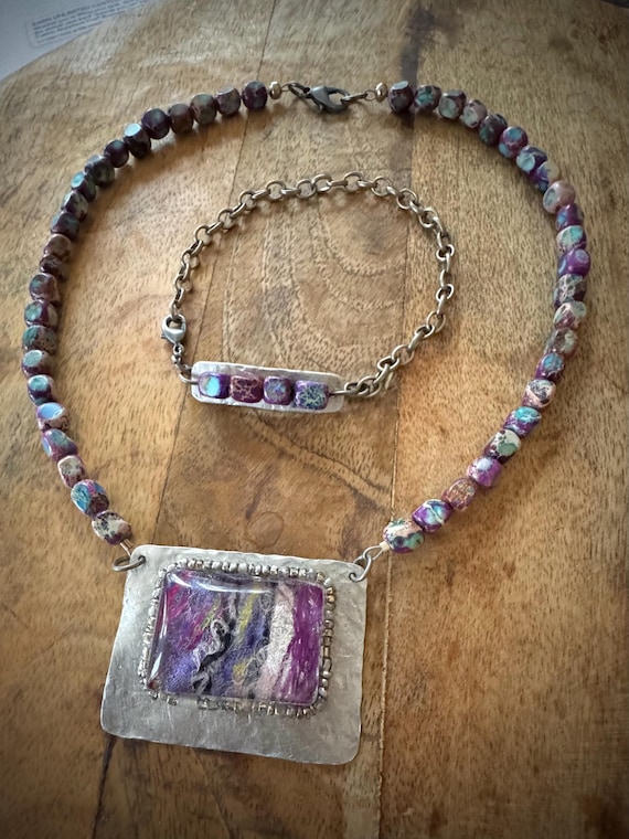 Fiber Art Pendant Necklace entitled "Night Walk" (created using recycled fiber art scraps)