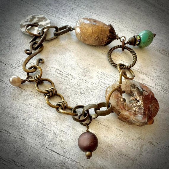 Rustic Assemblage Bracelet with natural Stones and Metal Findings