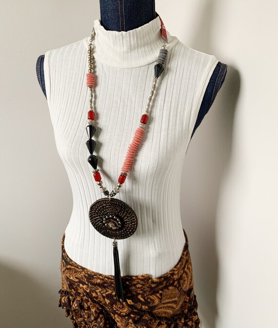 Long Necklace Statement Jewelry created by Jan Bryan-hunt - "Ebony Cane" is an art to wear piece.