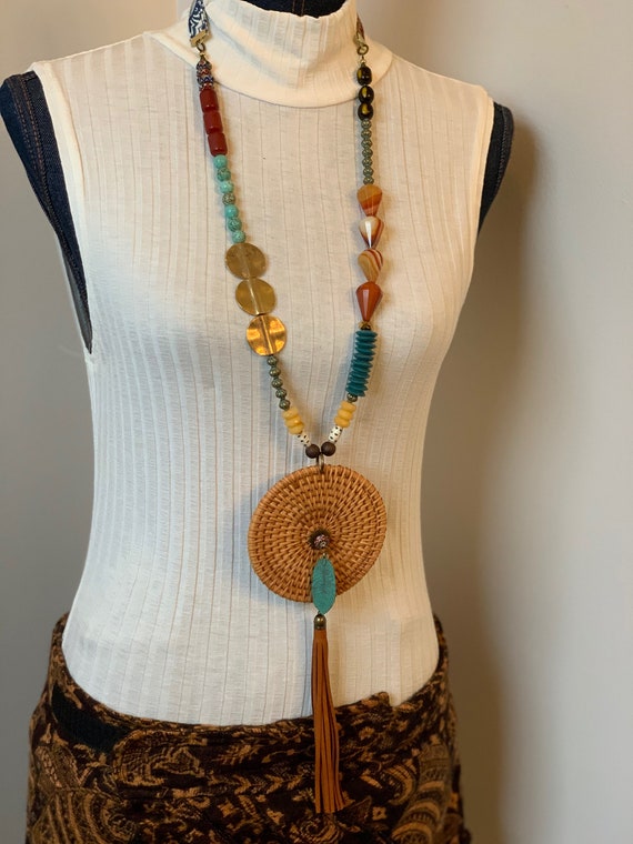 Long Necklace Statement Jewelry created by Jan Bryan-hunt - "Red Oak Rattan" is an art to wear piece.