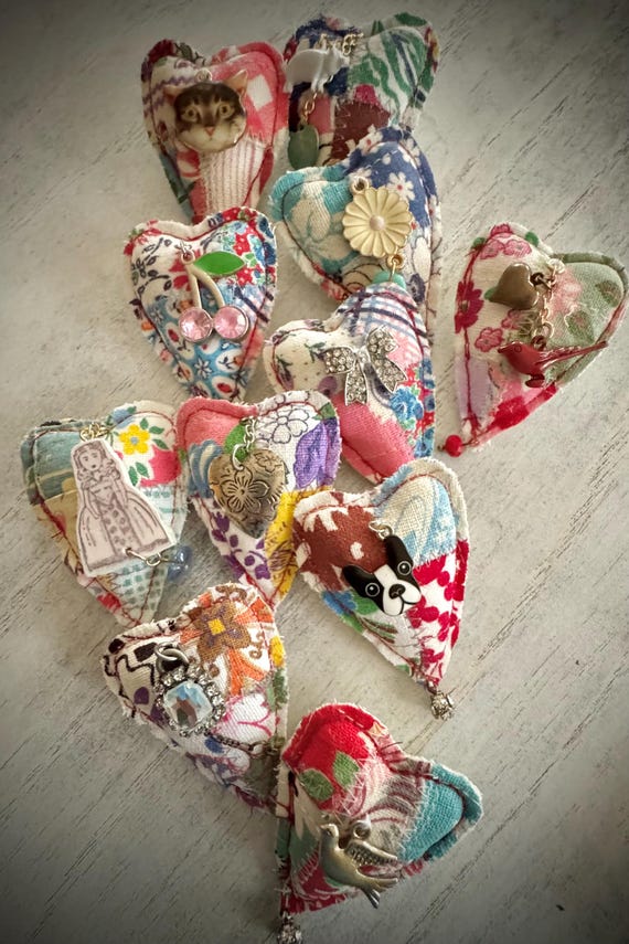 Embellished Upcycled Plush Heart Brooch with Greeting Card and Gift Box...All in one!