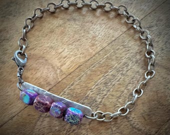 Blue Impression Jasper and Hammered Metal Bracelet