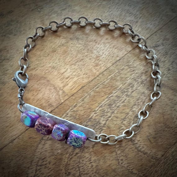 Blue Impression Jasper and Hammered Metal Bracelet