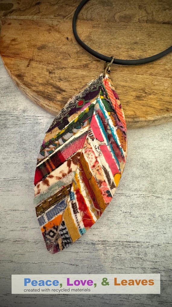 Peace, Love, and Leaves Pendant Necklace...(large)...Recycled Materials.