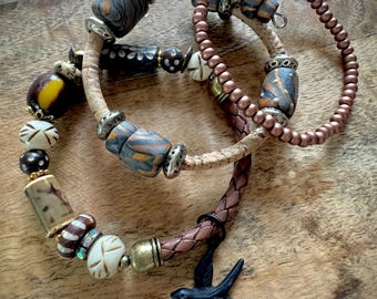 Natural Earth and black bird charm Bracelet Stack Bangles
