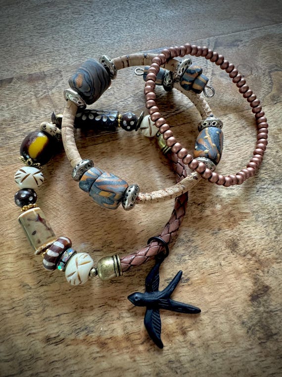 Natural Earth and black bird charm Bracelet Stack Bangles