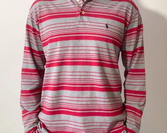 90er Jahre Polo Ralph Lauren Trikot. Grösse M. Grau und Rot gestreift.