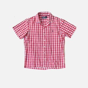 Camisa vintage Polo Ralph Lauren de manga curta com gola laço e botões - Xadrez vichy vermelho - Tamanho M