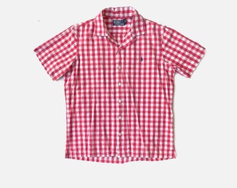Camisa vintage Polo Ralph Lauren de manga corta con cuello de lazo y botones - Cuadros rojos - Talla M