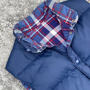 May include: A navy blue quilted vest with a red, white, and blue plaid lining. The vest features a button closure and a high collar. The garment is constructed from a robust material, likely intended for warmth and outdoor pursuits.