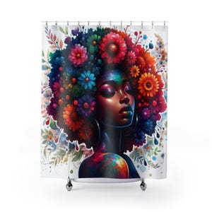 Watercolor African Hair Garden Canvas Art Shower Curtains, Afrocentric Home Decor, Gift for Her, Bathroom Curtain, Art Decor, Wall Hanging,