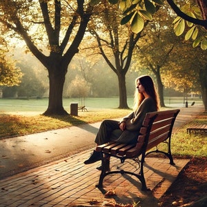Image of a woman sitting on a wooden bench in a peaceful park during the afternoon.