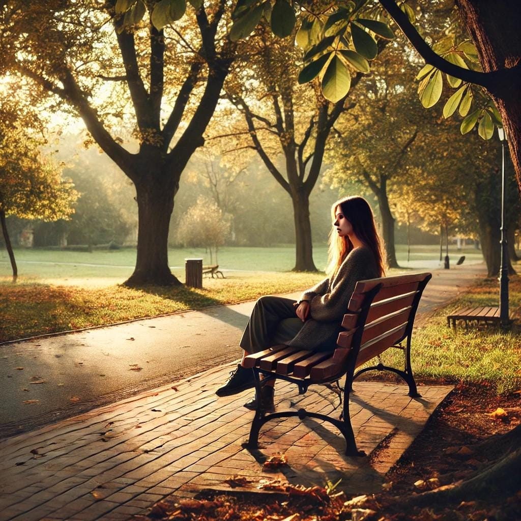Image of a Woman Sitting on a Wooden Bench in a Peaceful Park During ...
