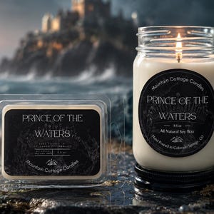 May include: A clear glass jar candle with a lit wick and a wax melt container, both featuring black labels with the text Prince of the Waters, Mountain Cottage Candles, and All Natural Soy Wax. The candle is 9.5 oz and hand poured in Colorado Springs, CO.