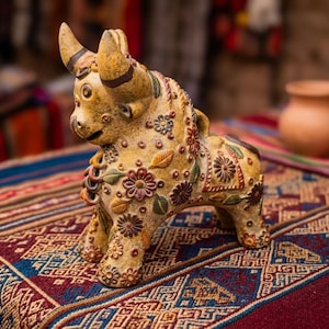Puede incluir: Figura decorativa de toro de cerámica, de color beige con diseños florales y de hojas en marrón, verde y naranja. El toro tiene cuernos grandes y está posado sobre un textil estampado con diseños geométricos rojos, azules y blancos. Cerámica en el fondo.