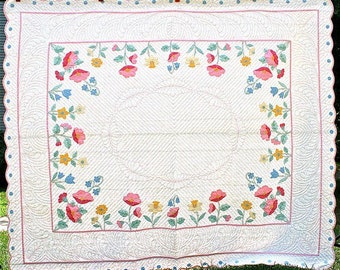 Antique Appliqued Bed Quilt with Polka Dot Border and Red Quilting Thread, c. 1930