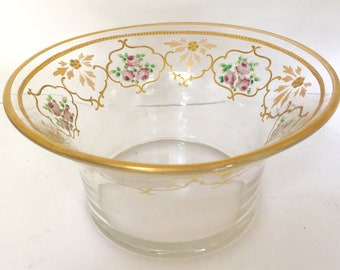 Hand Painted Roses and Gold Rimmed Glass Serving Bowl