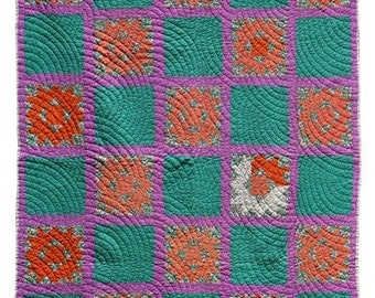 Antique Pieced Quilt in Art Deco Colors-Orange-Lavender-Green